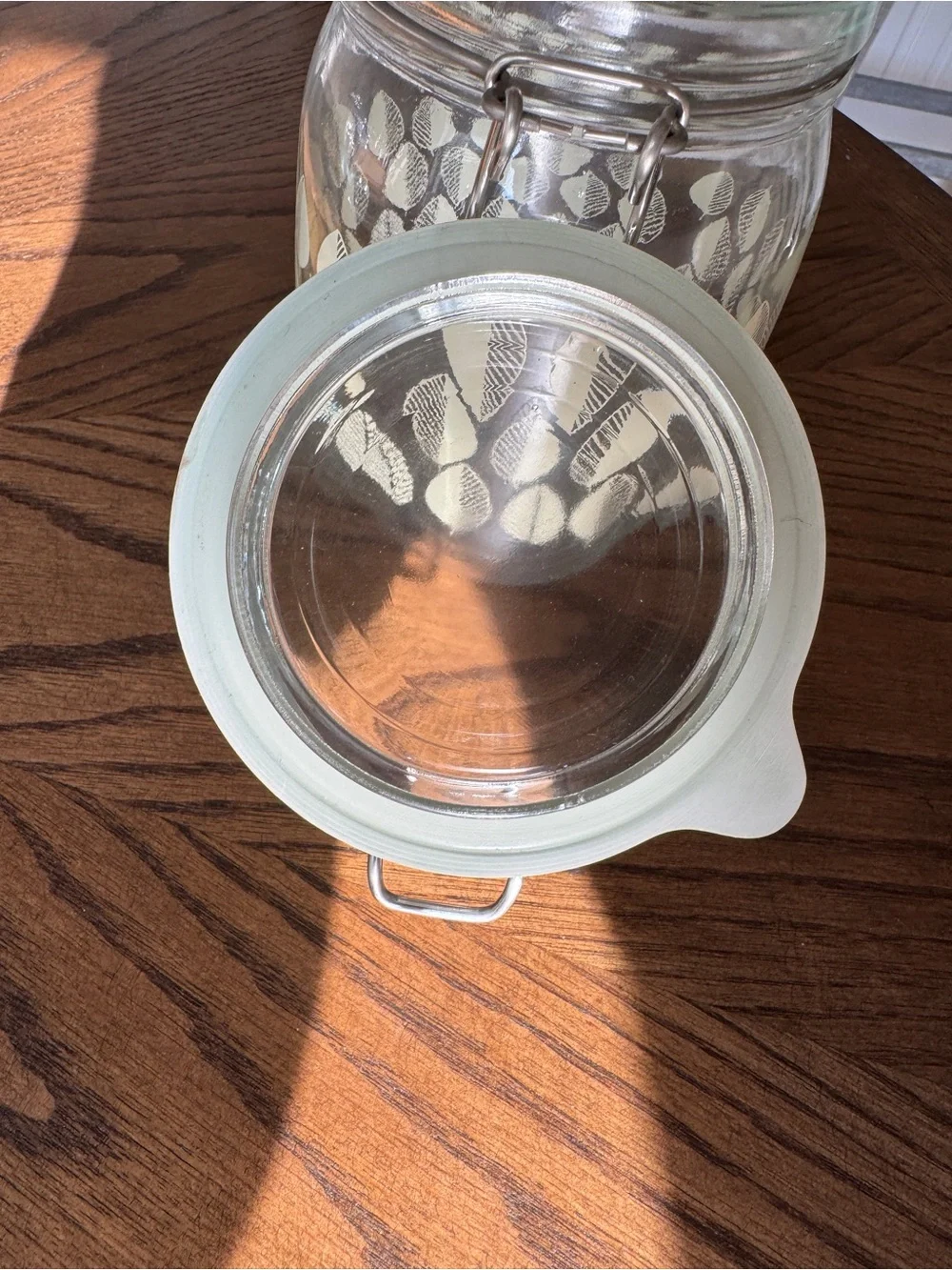 IKEA Glass Airtight Canister with Cream Leaf Pattern and Clear Glass